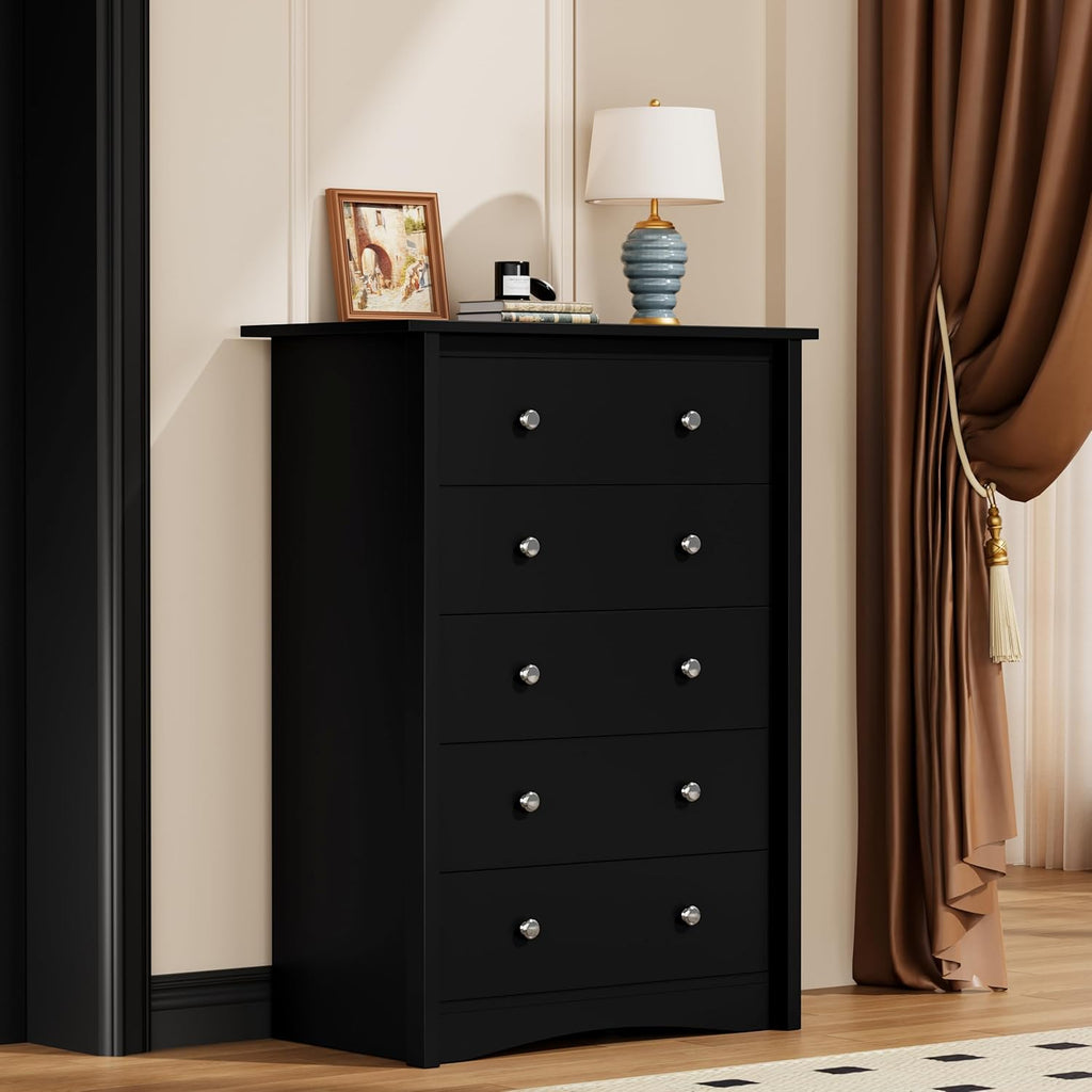 YESHOMY Tall Dresser for Bedroom with 5 Drawers, Modern Chest of Drawers, Wooden Dressers, TV Stand for Living Room,Closet, Hallway (Black)