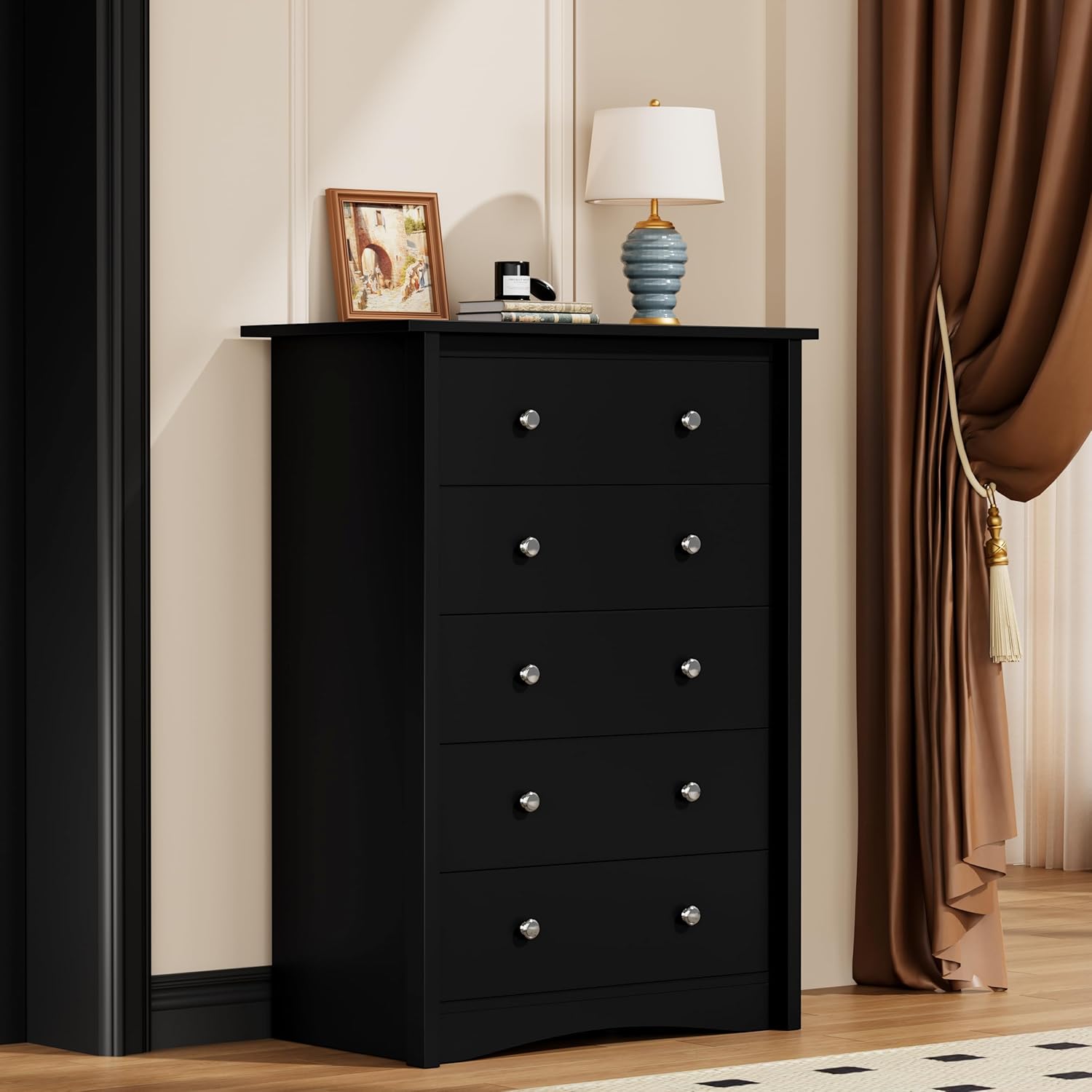 YESHOMY Tall Dresser for Bedroom with 5 Drawers, Modern Chest of Drawers, Wooden Dressers, TV Stand for Living Room,Closet, Hallway (Black)