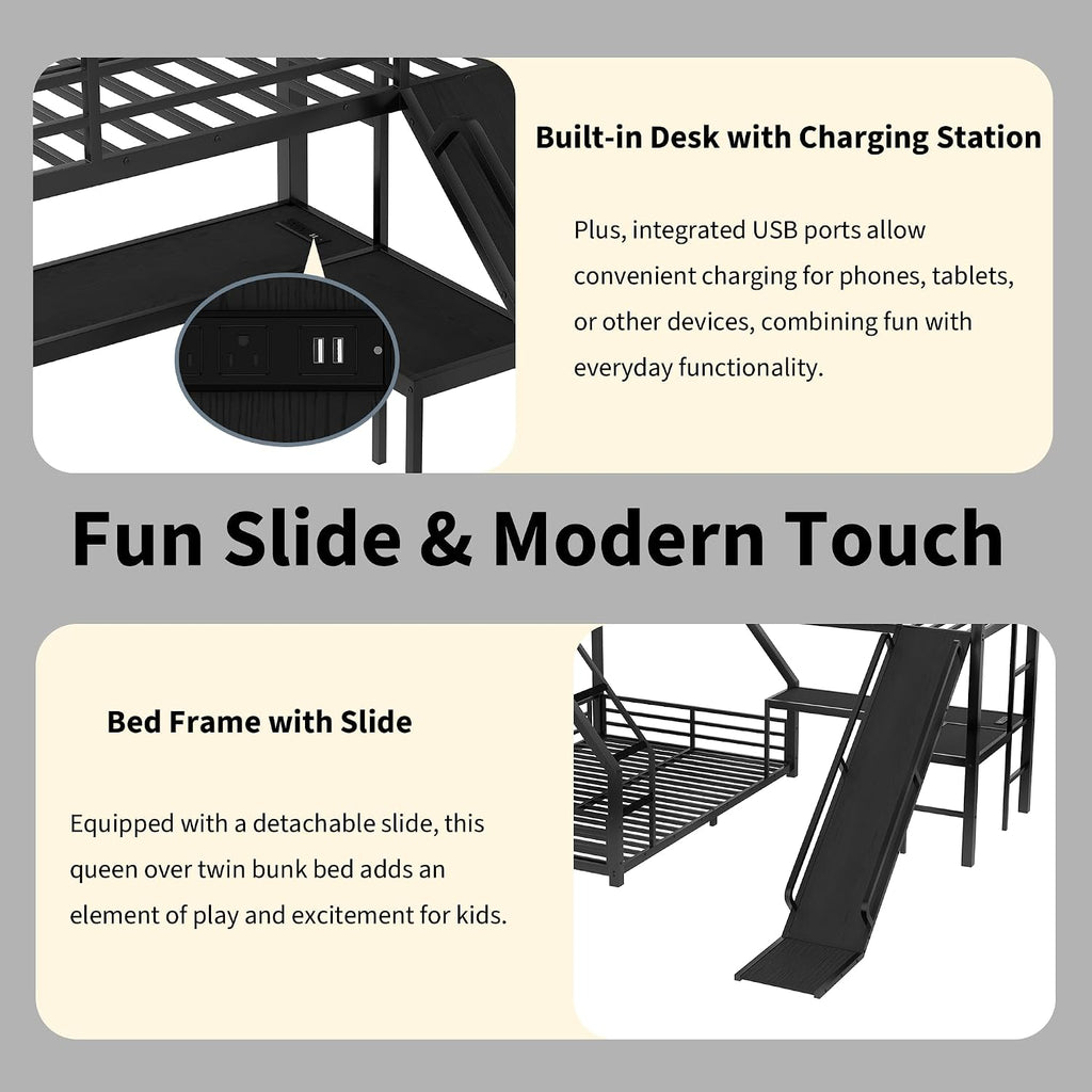 Polibi Space-Saving L-Shaped Metal Triple Bunk Bed, Twin XL Over Queen with Twin Loft Bed, Bunk Bed with Slide and USB Ports, Sturdy Frame with Noise-Free Design for Kids, Teens, Adults, Black