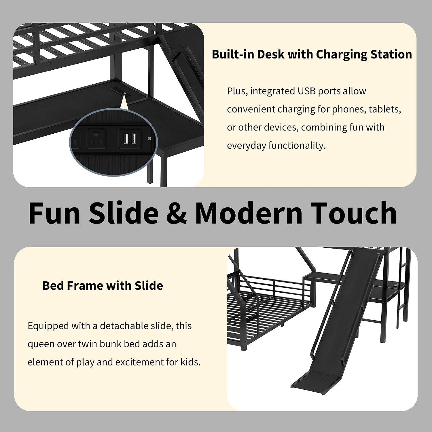 Polibi Space-Saving L-Shaped Metal Triple Bunk Bed, Twin XL Over Queen with Twin Loft Bed, Bunk Bed with Slide and USB Ports, Sturdy Frame with Noise-Free Design for Kids, Teens, Adults, Black