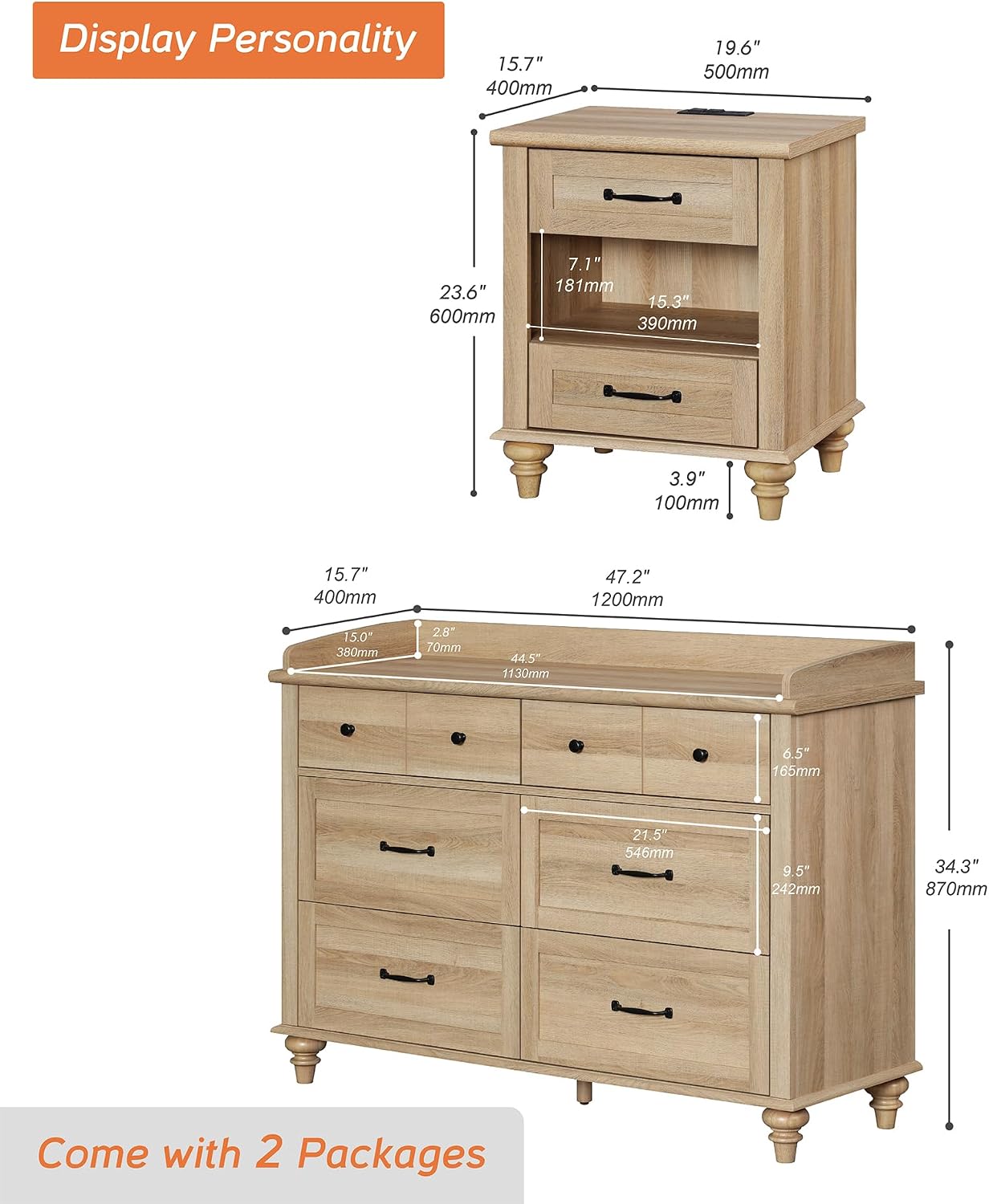 WAMPAT 2 Piece Bedroom Set - Includes 6 Drawer Dresser for Bedroom, Farmhouse Nightstand with Charging Station & Drawers & Cubby, 2 Piece Dresser and Nightstand Sets, Oak
