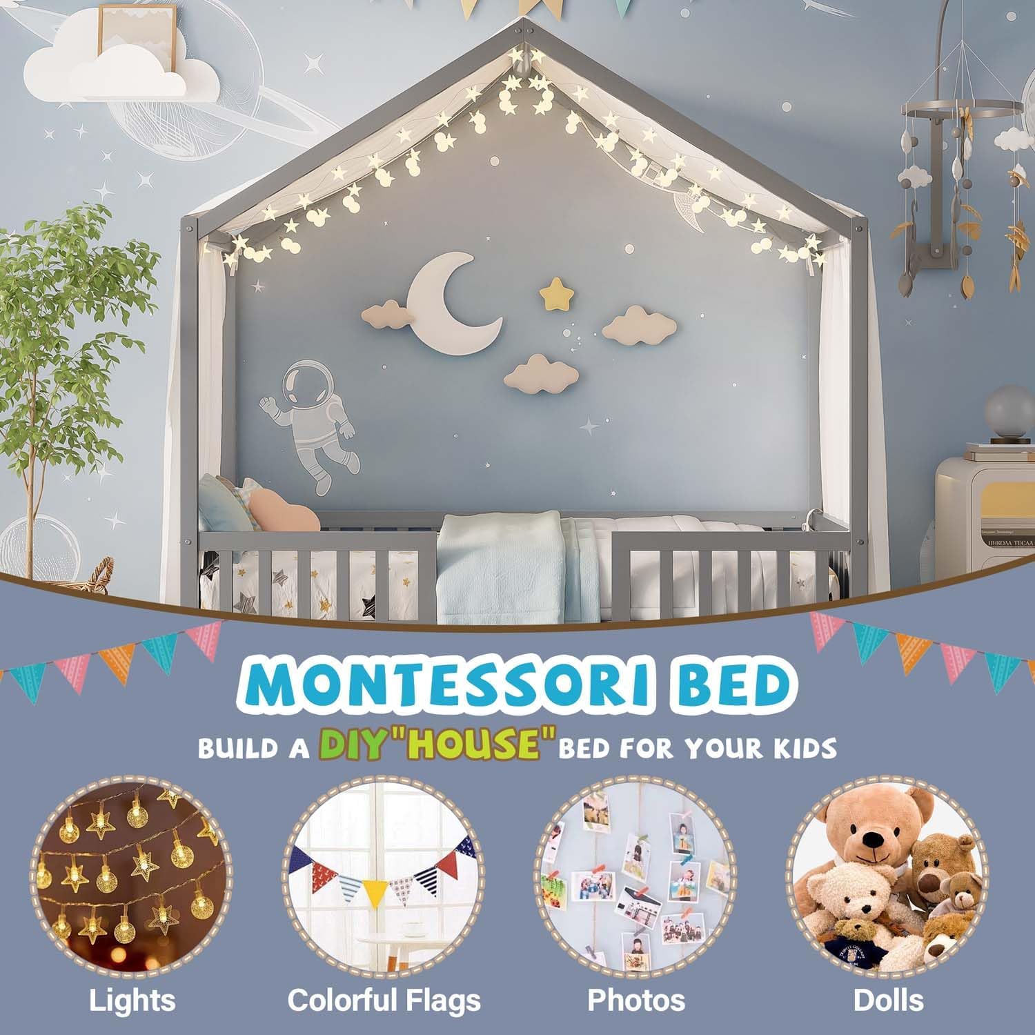 Cute Montessori Bed Frame Twin Size with Canopy, Low Profile House Shape Bed with Safety Railing & Wood Slat Support, Kids Playhouse Bedframes for Boys Girls (Grey, Twin)
