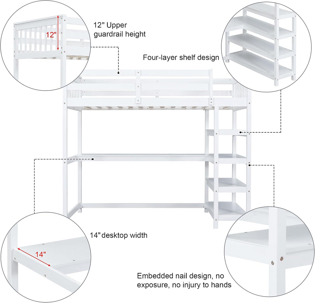 Merax Wood Loft Bed with Desk : Twin Size Loft Bed with 4-Storage Shelves and Under-Bed Desk Solid Wood Bed, White