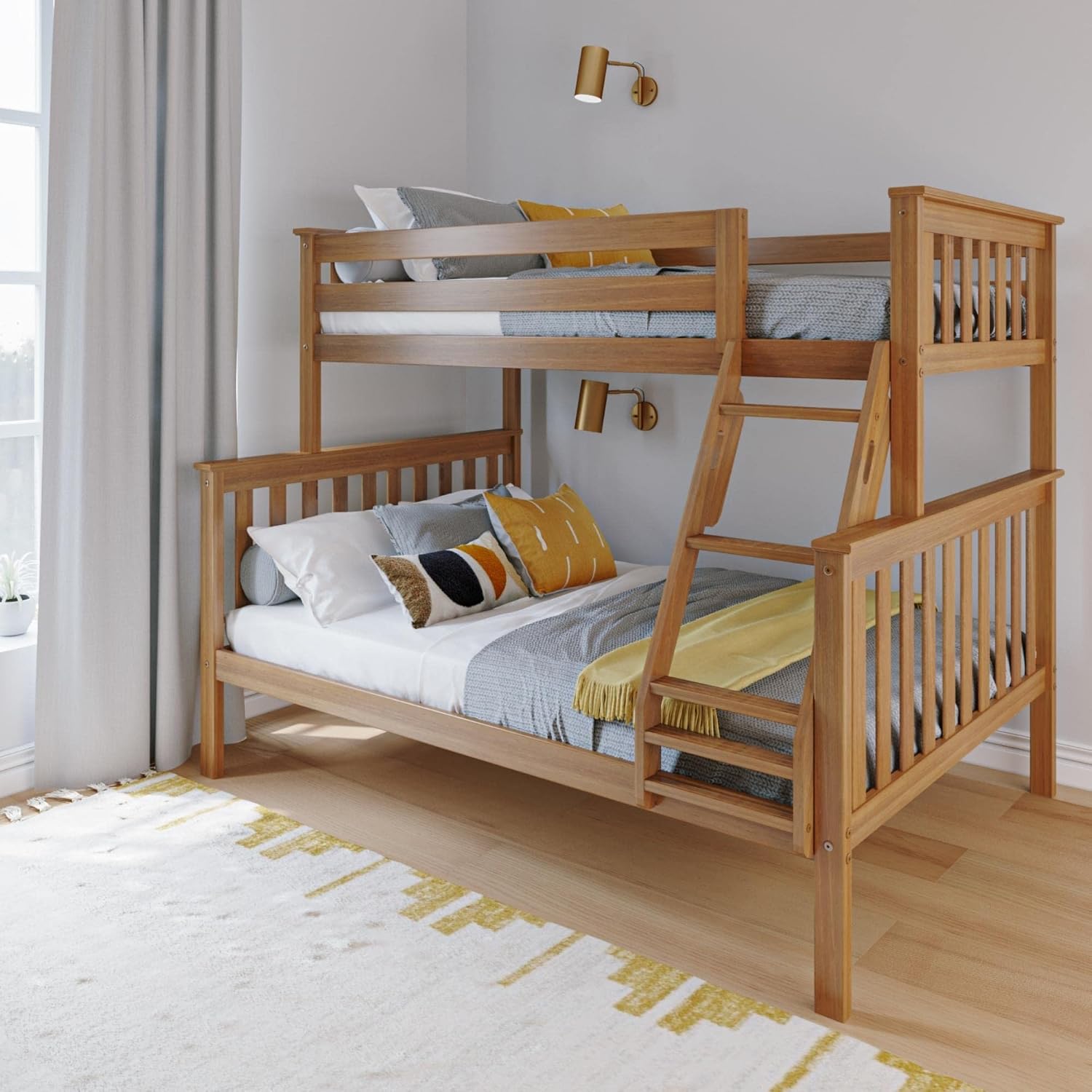 Max & Lily Bunk Bed Twin Over Full Size with Ladder, Solid Wood Platform Bed Frame with Ladder for Kids, 14' Safety Guardrails, Easy Assembly, No Box Spring Needed, Pecan