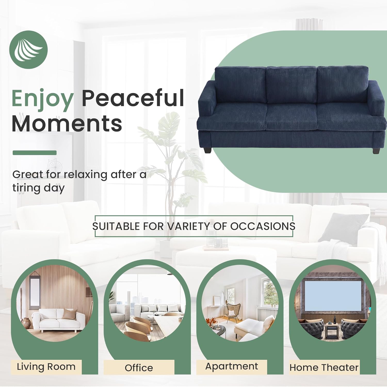 Fiona's magic 8 Seats Couch Set, 3 Piece Set Comfy Sofa, 3 Seater*2 & Loveseat Sofa with Deep Seats for Living Room, Modern Sleeper Couch, Blue Corduroy