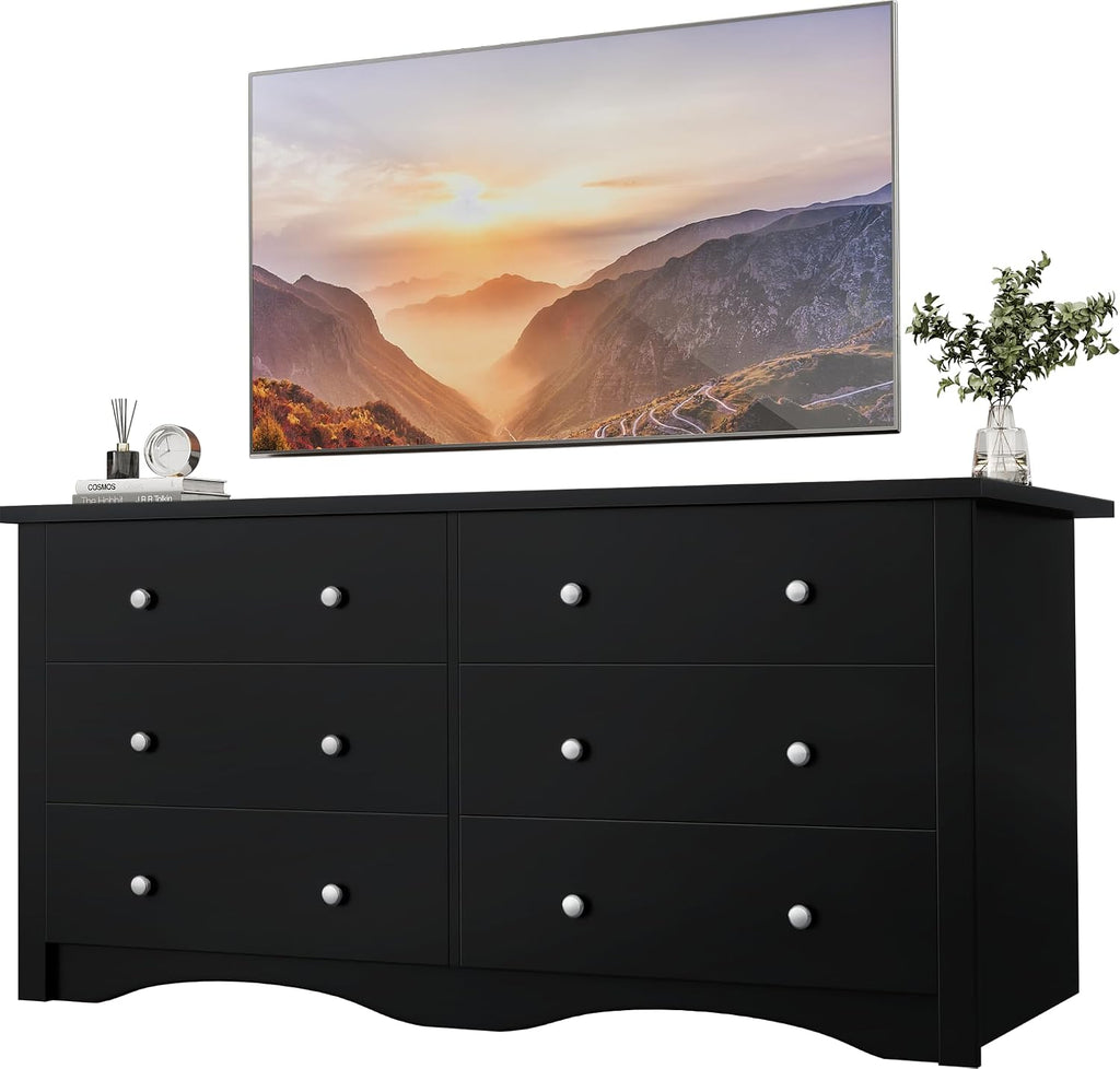 YESHOMY 58'' Dresser for Bedroom, 6 Drawer Dressers, Wood Storage Organizers Units, Hallway,Office(Black)