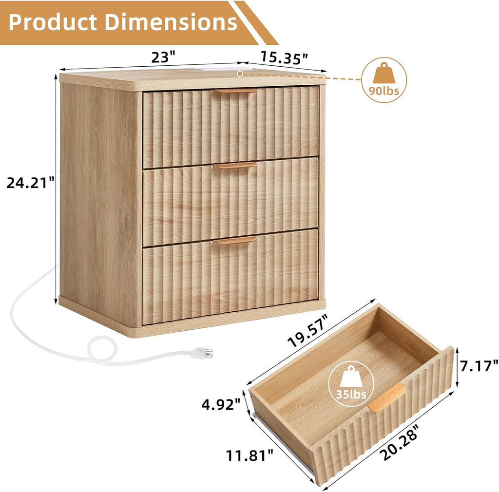 LEYAOYAO 23' Wide Fluted Night Stand with Charging Station, 3 Drawers Large End Table with Storage, Natural Nightstand Wood Bedside Tables, Farmhouse Cabinet Dresser for Bedroom, Closet