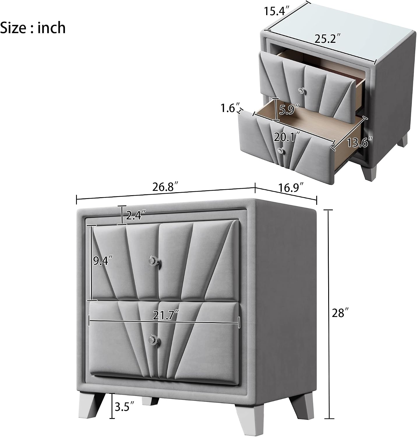 3 Pieces Velvet Bedroom Set with Full Upholstered Bed and Two Nightstand, Contemporary Furniture Set for Bedroom Living Room (Gray+3 Pieces+Full)