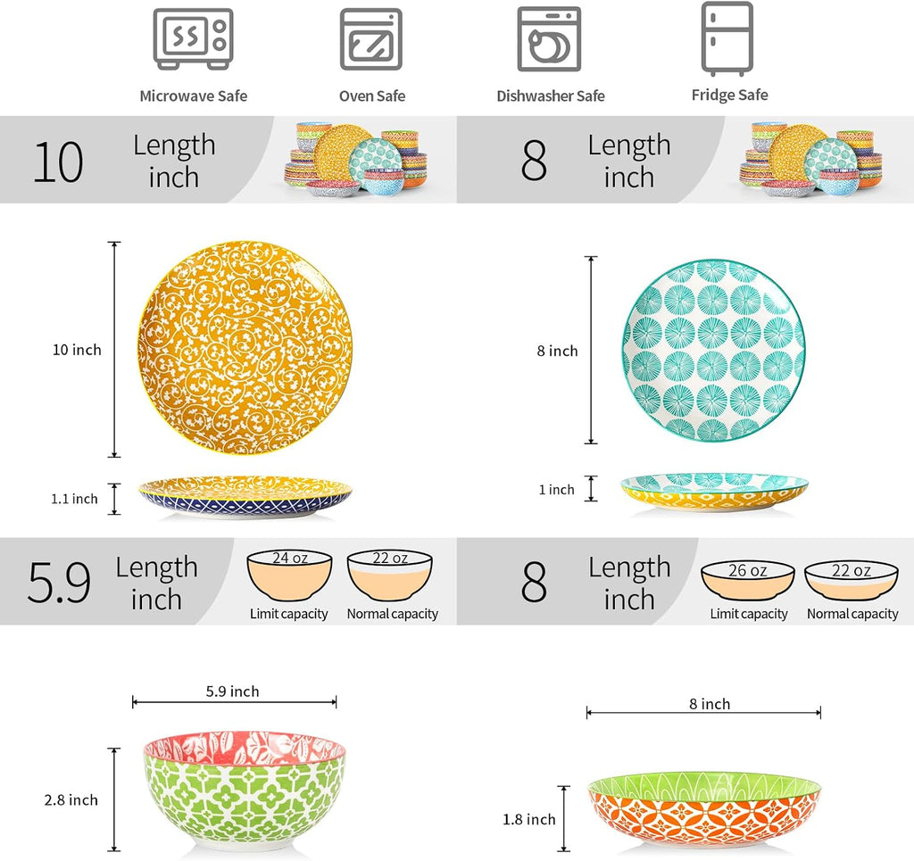 Selamica Ceramic Plates and Bowls Sets,32 Pieces Dinnerware Sets for 8,Scratch Resistant Dish Set for family gathering,Dishwasher & Microwave Safe, Assorted Colors