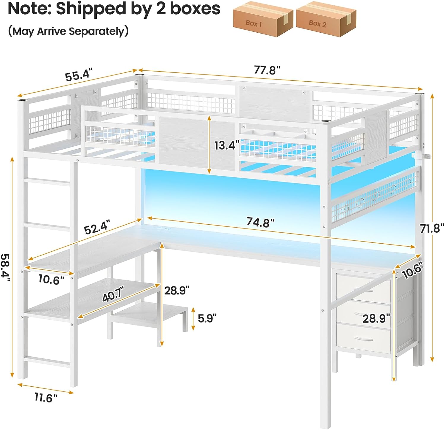 ADORNEVE Loft Bed Full Size with L-Shaped Desk, 3 Storage Drawers, Power Outlet, 3 Storage Shelves, Metal Loft Bed Frame with RGB Lights, Bed with Safety Guardrail & Ladders,Space-Saving, White