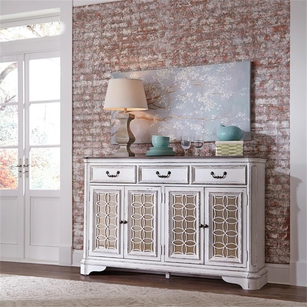 Liberty Furniture Magnolia Manor Hall Buffet Dining Room Storage with Mirrored Doors - Antique White & Weathered Bark