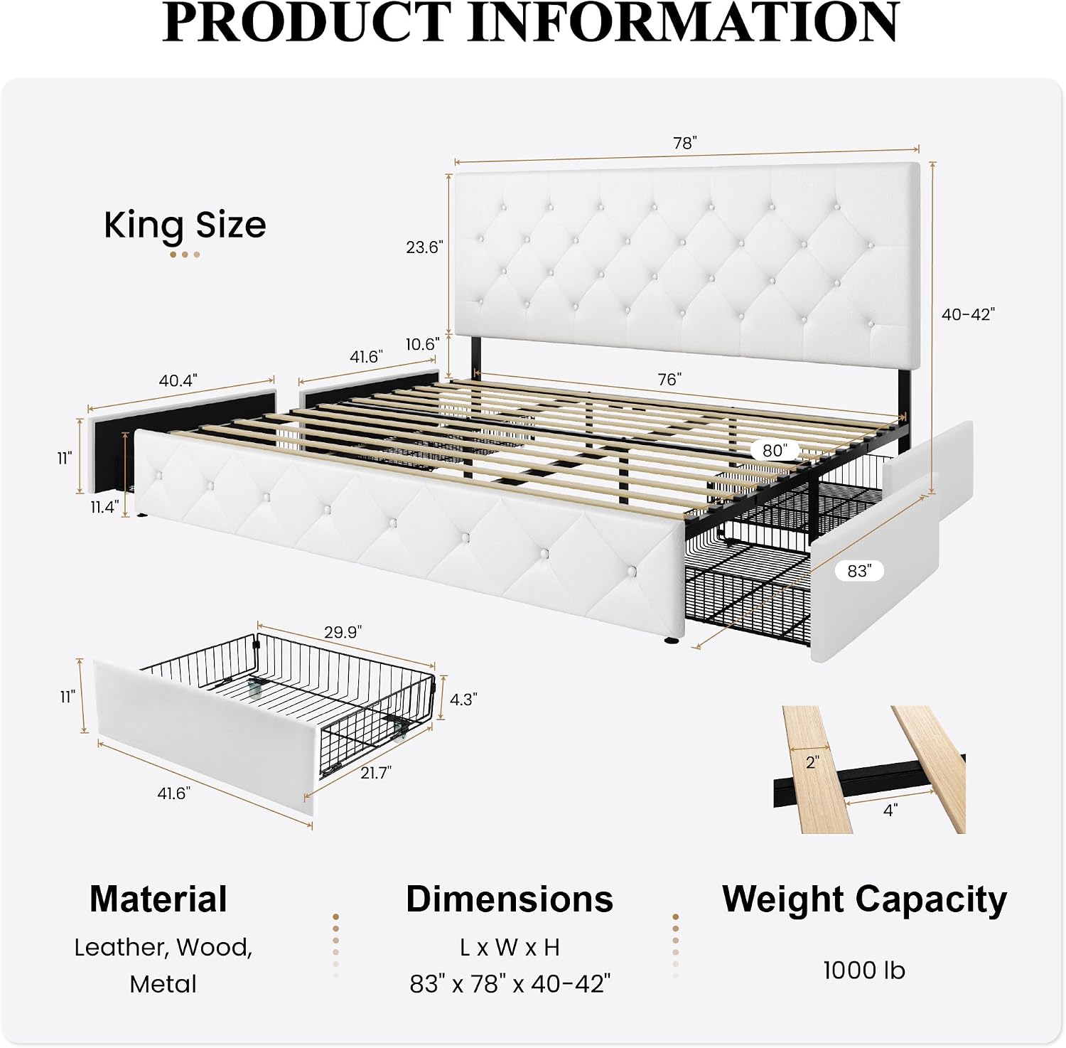 SHA CERLIN Upholstered King Platform Storage Bed Frame with 4 Drawers, Adjustable Headboard with Faux Leather Diamond Button Tufted Design, Wooden Slat Support, No Box Spring Needed, White