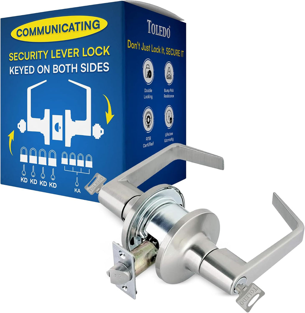 Door Lever Lock with Keyed Dual Cylinders Protection : Heavy-Duty Double Cylinder Door Lock Lever Handle : Keyed Alike Cylinders On Both Sides for Double The Security: Grade 2 Stainless Steel