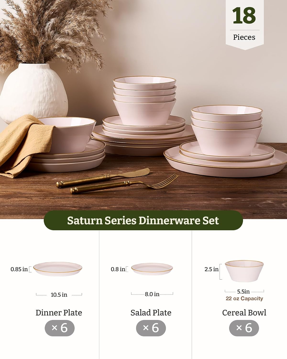 Famiware Saturn Plates and Bowls Dish Sets for 6 (18 Pieces), Stoneware Dinnerware Set with Hand-Painted Trim - Chip & Scratch Resistant, Microwave & Dishwasher Safe Ceramic Dishes, Light Pink