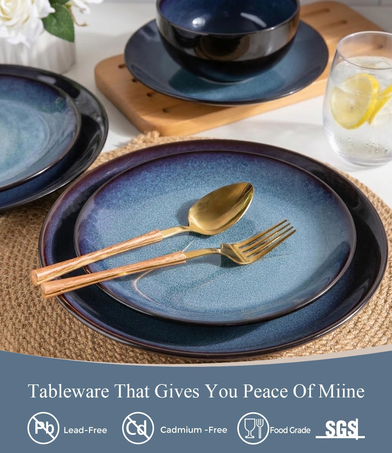 LERATIO Ceramic Dinnerware Sets for 8,Stoneware Plates and Bowls Sets,Handmade Reactive Glaze Dishes Set,Chip Resistant and Scratch Resistant | Oven&Dishwasher & Microwave Safe-Blue(24PCS)