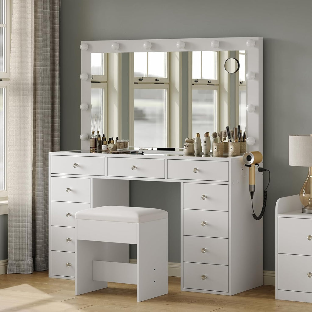 White Vanity Desk with Illuminated Mirror & Power Outlet, 11 Drawers Vanity Table with Chair, Makeup Vanity with 11 Hollywood Light Bulbs, Tempered Glass Top, Dressing Table for Bedroom,Dressing Room.