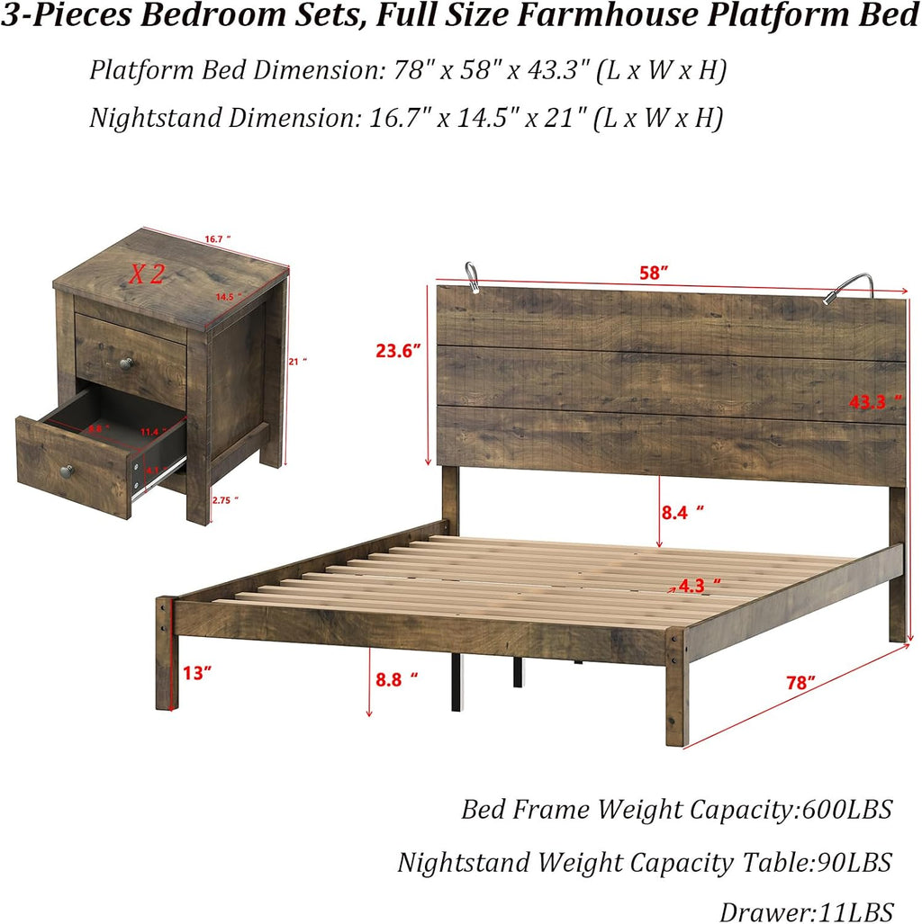 3-Piece Bedroom Set, Full Size Farmhouse Wooden Platform Bed Frame with Headboard and Built-In Lights, 2-Drawer Nightstands,Under-Bed Storage,Easy Assembly (Antique Walnut, Full 3 Piece Set)