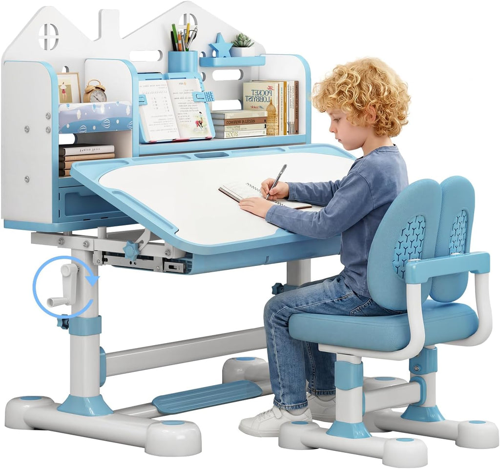 Kids Desk and Chair Set, Height Adjustable Study & Art Desk for Kids Ages 3-12, Easy Crank Adjustable Desk, 0-50° Tilting Desktop, Storage Drawer, Bookshelf, Ergonomic Chair (Blue)