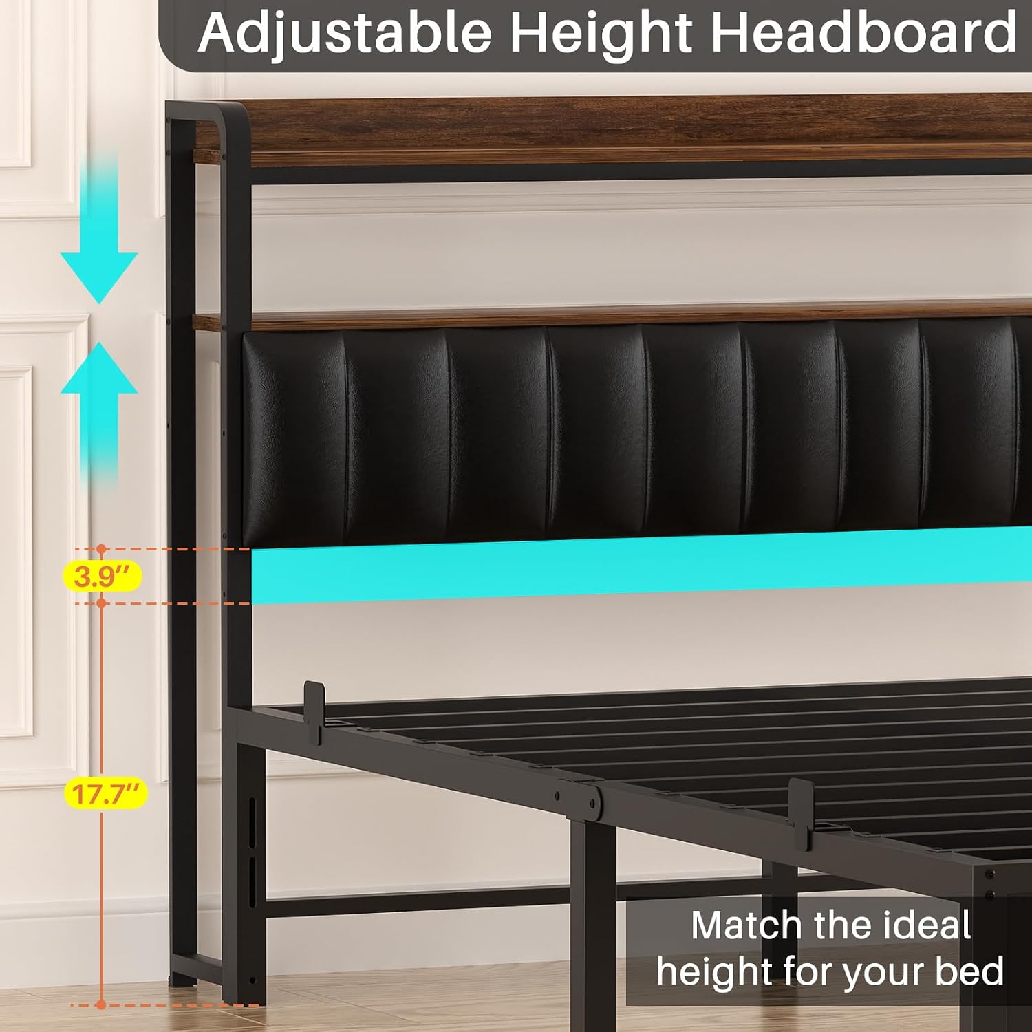 Homieasy Full Size Bed Frame with Charging Station, Industrial Led Bed Frame with Upholstered Leather Headboard, Rustic Brown