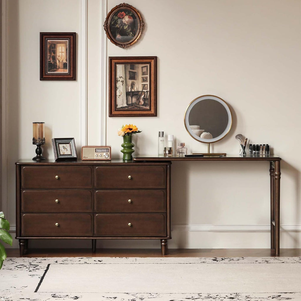 YESWOOD Large Vanity Desk with 6 Storage Dresser, Poplar Wood Adjustale Makeup Table for Girls, Vanity Set for Bedroom, Living Room, 97' D x 16' W x 31' H（no Chair no Mirror）