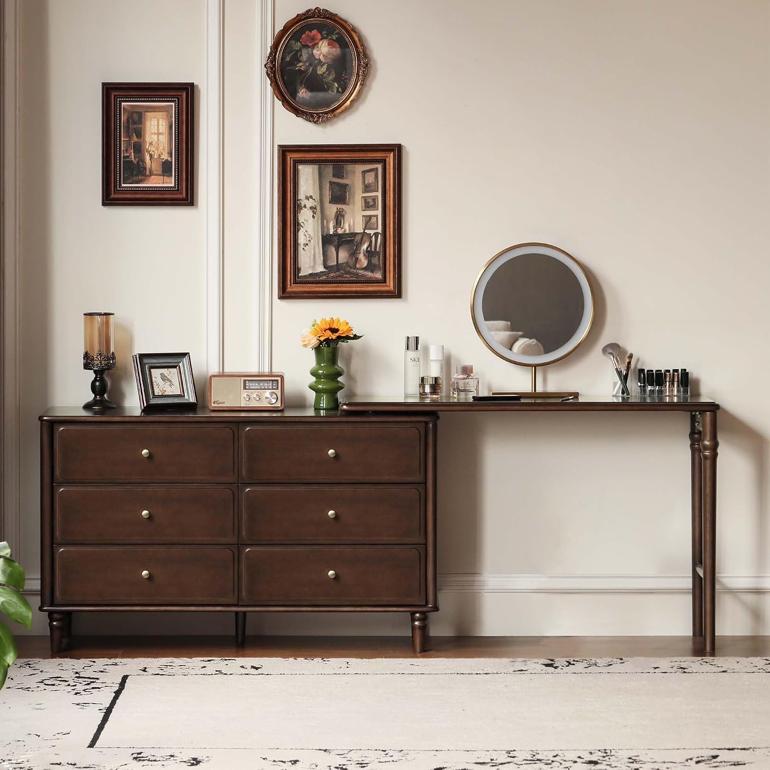 YESWOOD Large Vanity Desk with 6 Storage Dresser, Poplar Wood Adjustale Makeup Table for Girls, Vanity Set for Bedroom, Living Room, 97' D x 16' W x 31' H（no Chair no Mirror）