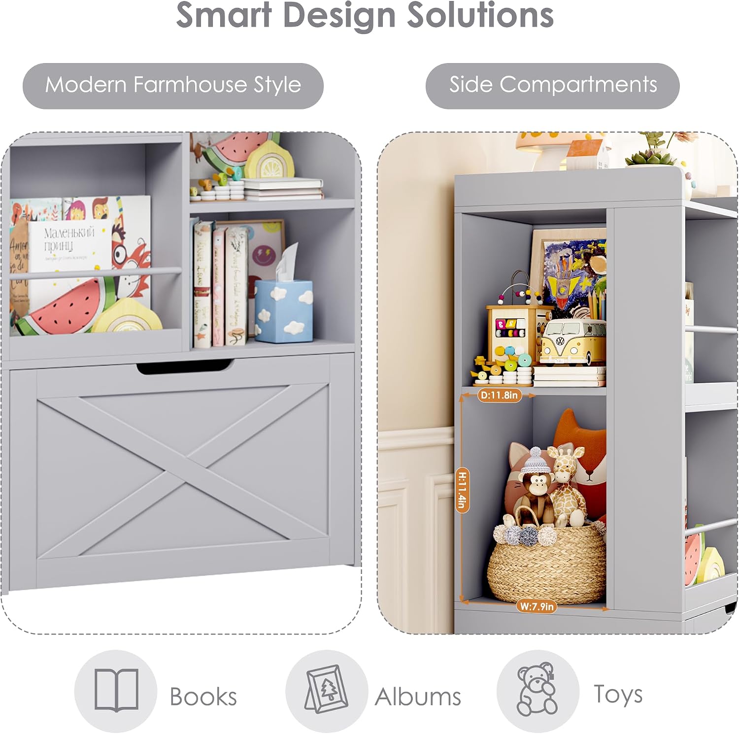FINETONES 75' W Kids Bookshelf with Reading Nook, Large Toy Storage Toy Organizer with Seat Cushion and 2 Movable Drawers, Kids Reading Nook Kid Bench for Playroom Living Room, Grey