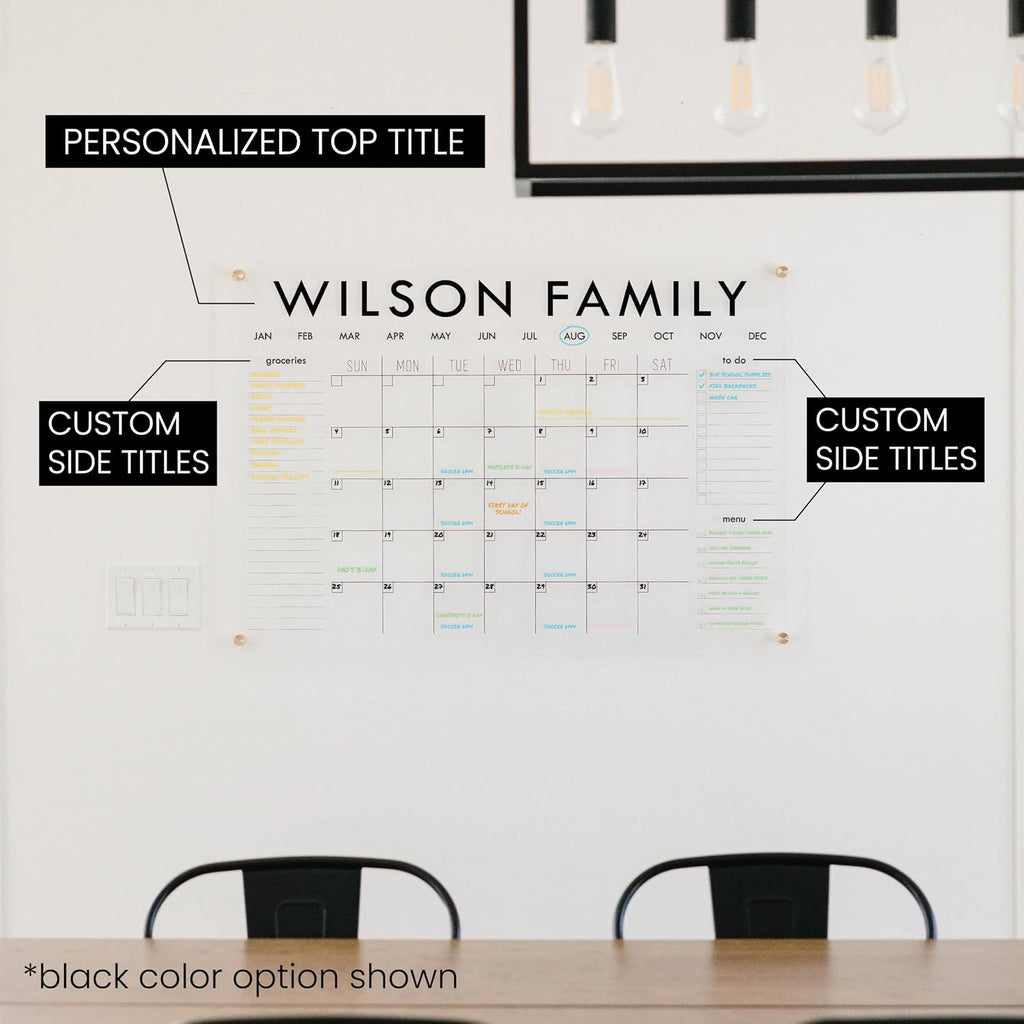 Personalized Clear Acrylic Calendar for Wall, Calendar Whiteboard for Wall, Dry Erase Wall Calendar, Wall Calendar Organizer System for Home (Block, Black, 31'W x 23'H)
