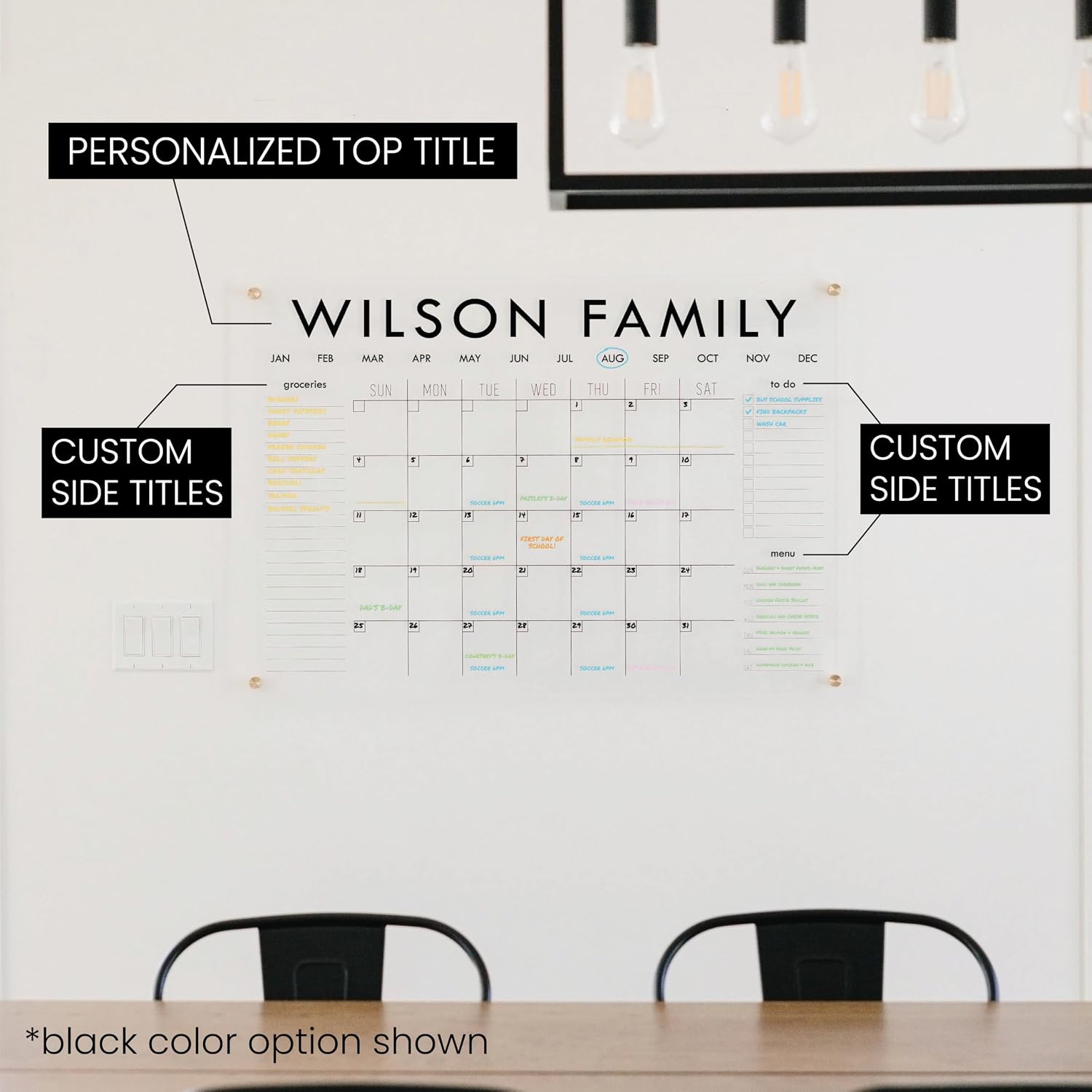 Personalized Clear Acrylic Calendar for Wall, Calendar Whiteboard for Wall, Dry Erase Wall Calendar, Wall Calendar Organizer System for Home (Block, Black, 31'W x 23'H)