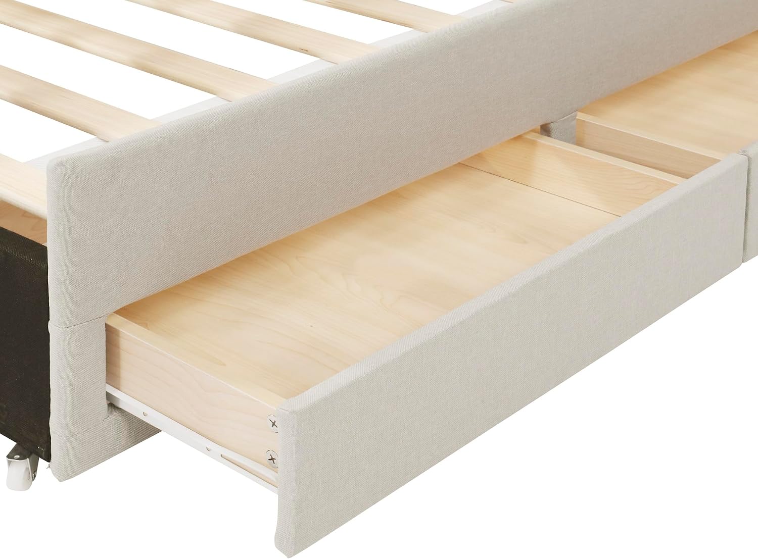VilroCaz Full Size Upholstered Platform Bed with Trundle and 3 Drawers, Linen Fabric Platform Bed Frame with Stripe Headboard, No Box Spring Needed, Space Savings (Beige-6.16)