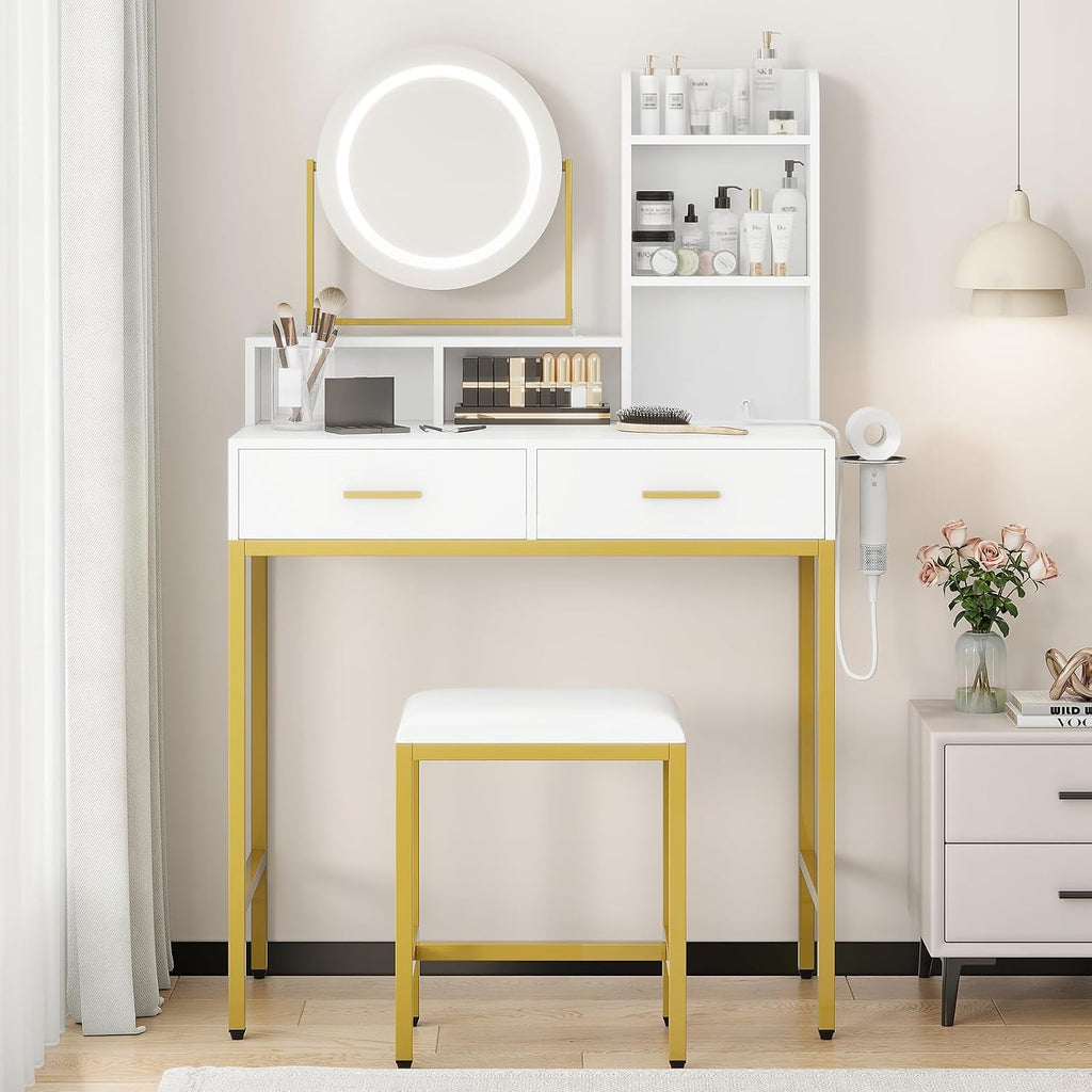Vanity Desk with Mirror and Light, Makeup Vanity Desk with Rotating Mirror, 3 Colors Adjustable Light, Wood Vanity with 2 Drawers, Stool, Power Outlet, Vanity Set for Bedroom/Dressing Room, Gold