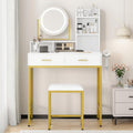 Vanity Desk with Mirror and Light, Makeup Vanity Desk with Rotating Mirror, 3 Colors Adjustable Light, Wood Vanity with 2 Drawers, Stool, Power Outlet, Vanity Set for Bedroom/Dressing Room, Gold