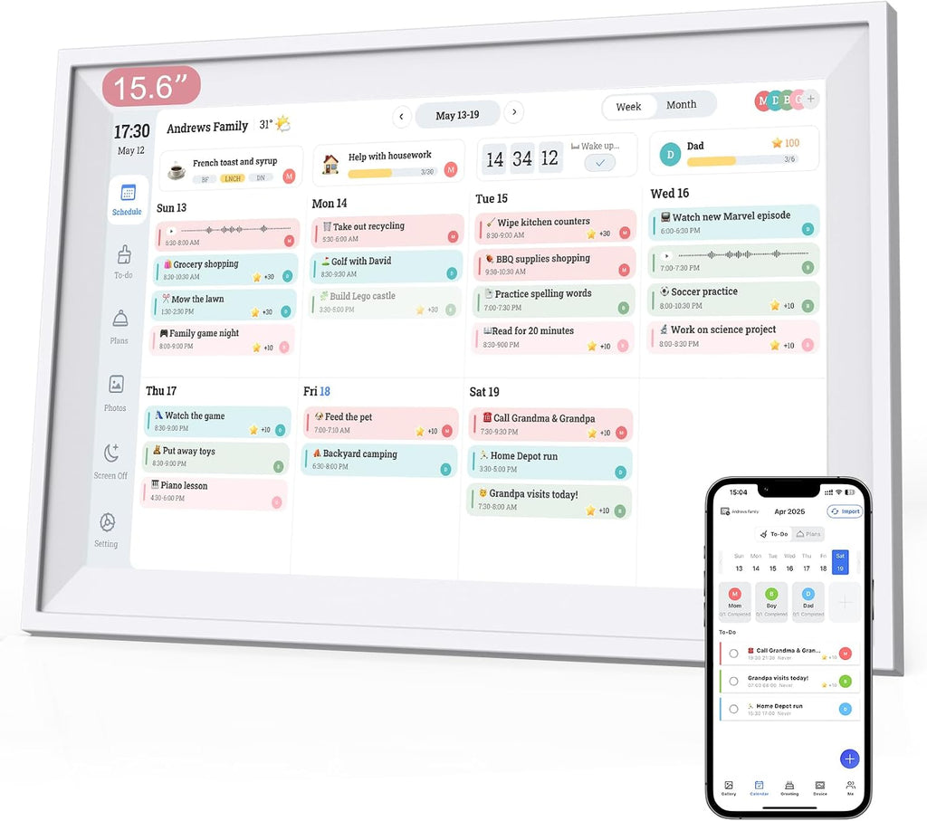 Digital Photo Frame 15.6' 64GB, Smart Electronic Calendar for Family Sharing To Do Chores Meal 30-Day Habit Planner Interactive Touch Screen Star Rewards,Wall and Desk Mountable for Seamless Scheduling