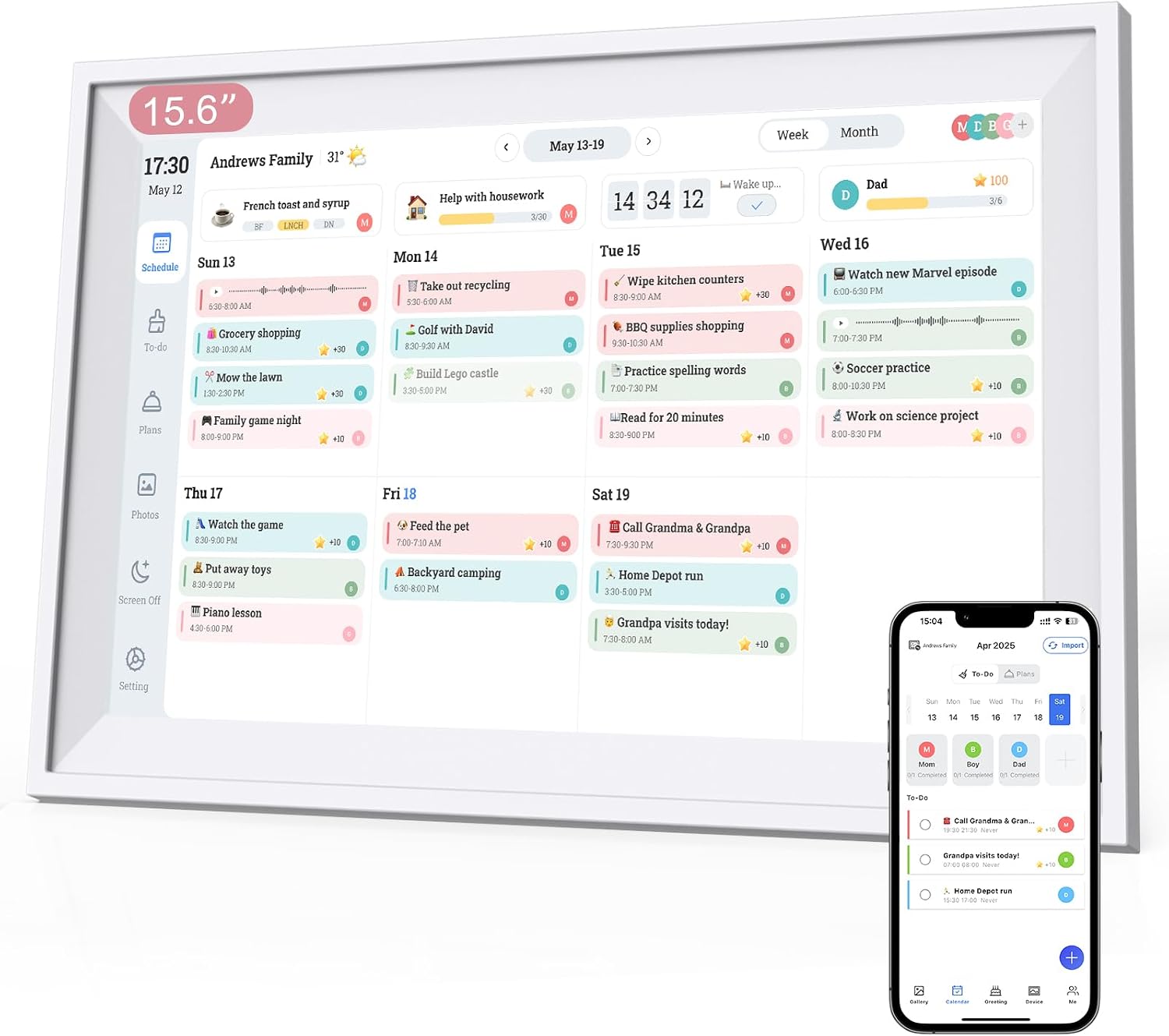 Digital Photo Frame 15.6' 64GB, Smart Electronic Calendar for Family Sharing To Do Chores Meal 30-Day Habit Planner Interactive Touch Screen Star Rewards,Wall and Desk Mountable for Seamless Scheduling