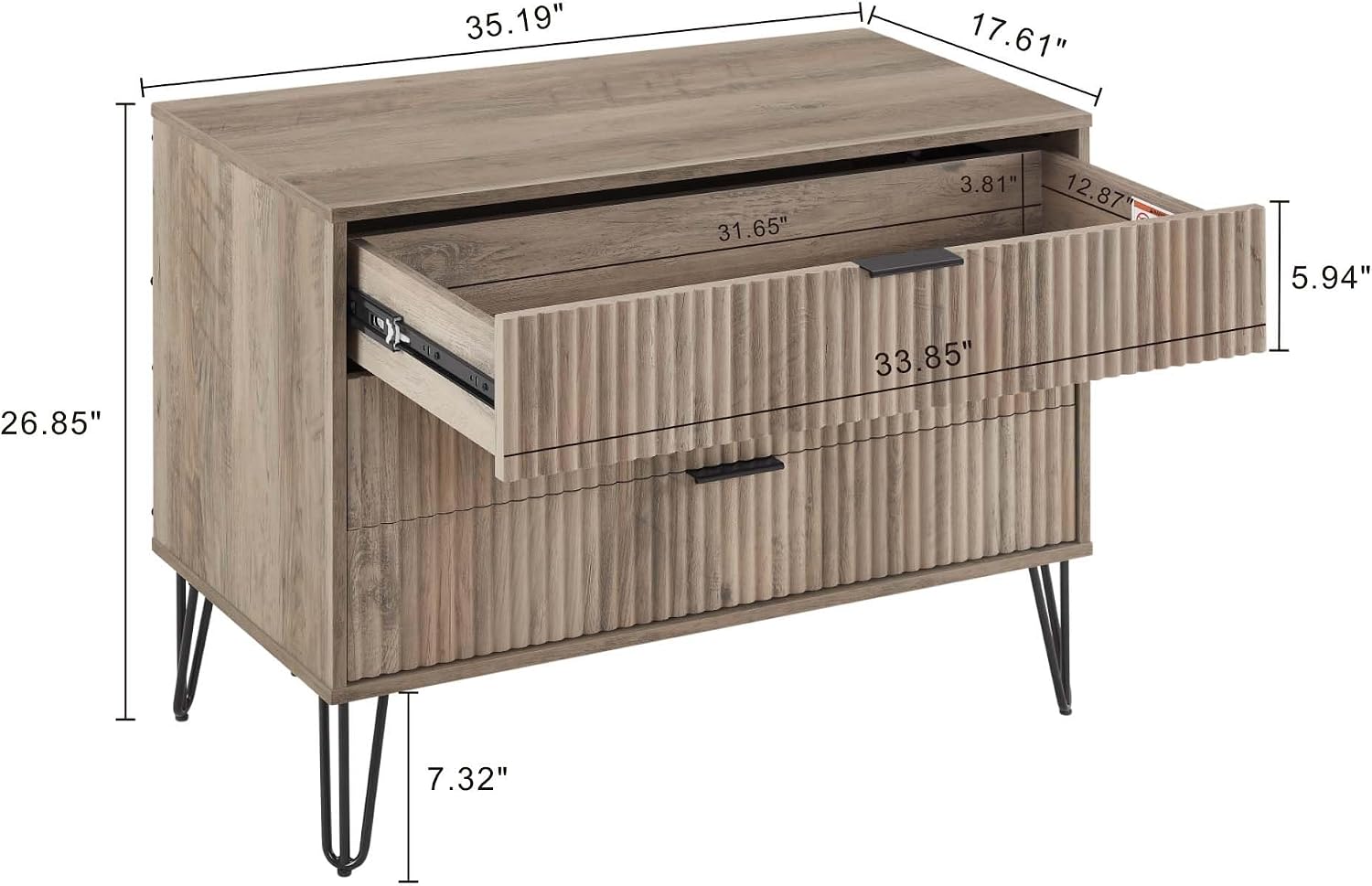 Manhattan Comfort Dumbo 2 Piece Dresser & Nightstand Set, Fluted Night Stand with Hairpin Gold Metal Legs & 3-Drawer Dresser, No Tool Assembly, Storage Cabinet for Bedroom, Living Room in Rustic Grey