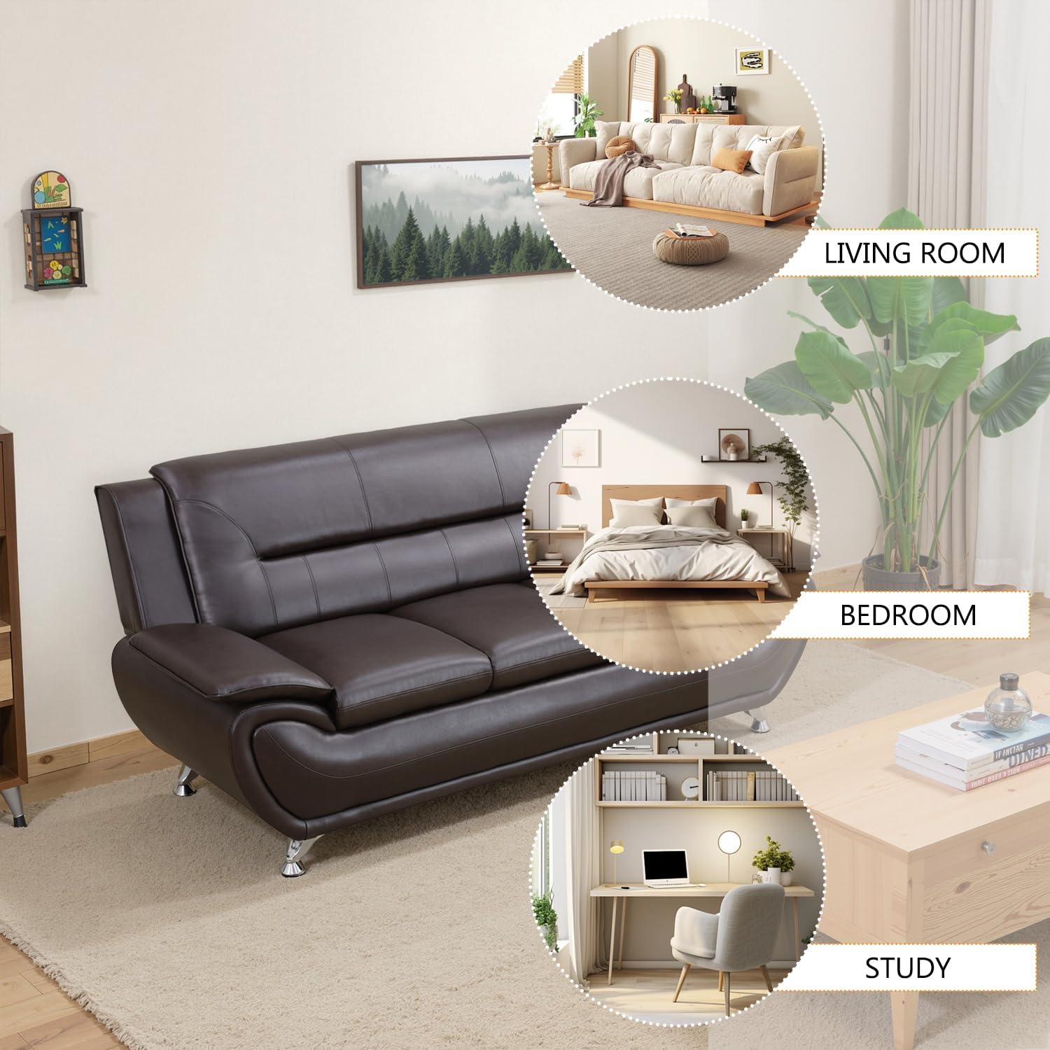 Contemporary Living Room Furniture Set, Vegan Leather Sofa Set for Living Room/House/Bedroom/Office/Apartment (Brown, Sofa;Loveseat;Chair)