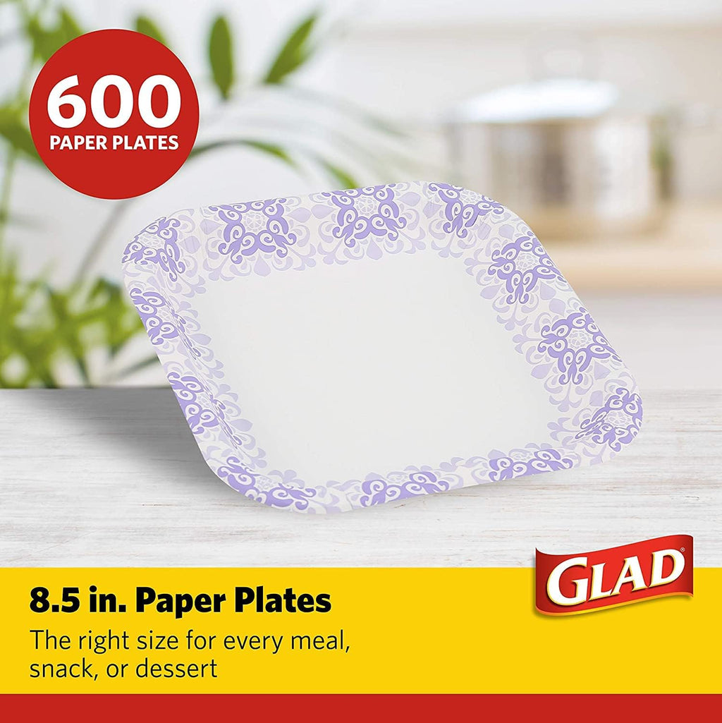 Glad Square Heavy Duty Paper Plates, Soak Proof and Cut Proof Disposable Plates for Parties and Everyday Meals, Microwaveable for Easy Serving, Purple Victorian Pattern, 8.5 Inch, 50 Count - 12 Pack