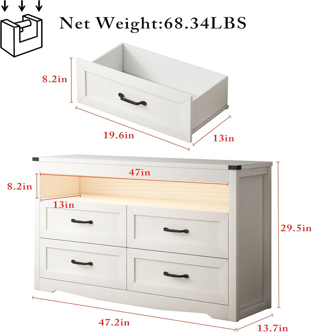 Wodeer White Dresser for Bedroom, Wood 4 Drawer Dresser with LED Light, Dressers & Chests of Drawers with Metal Handles, Storage and Organization for Bedroom, Hallway, Entryway