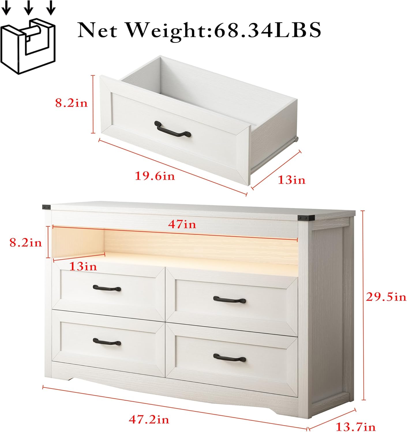 Wodeer White Dresser for Bedroom, Wood 4 Drawer Dresser with LED Light, Dressers & Chests of Drawers with Metal Handles, Storage and Organization for Bedroom, Hallway, Entryway