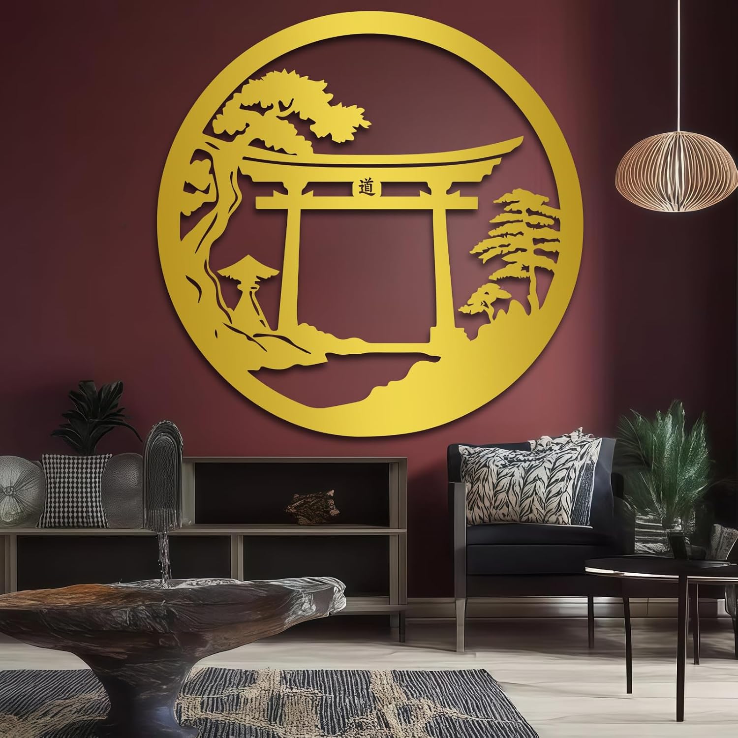Maclou Bonsai Tree Metal Wall Art,Japanese Metal Wall Art,Torii Gate Wall Decor for Bedroom,Living Room,Bathroom,Out Door (Gold,24' x 24' / 60 x 60 cm)