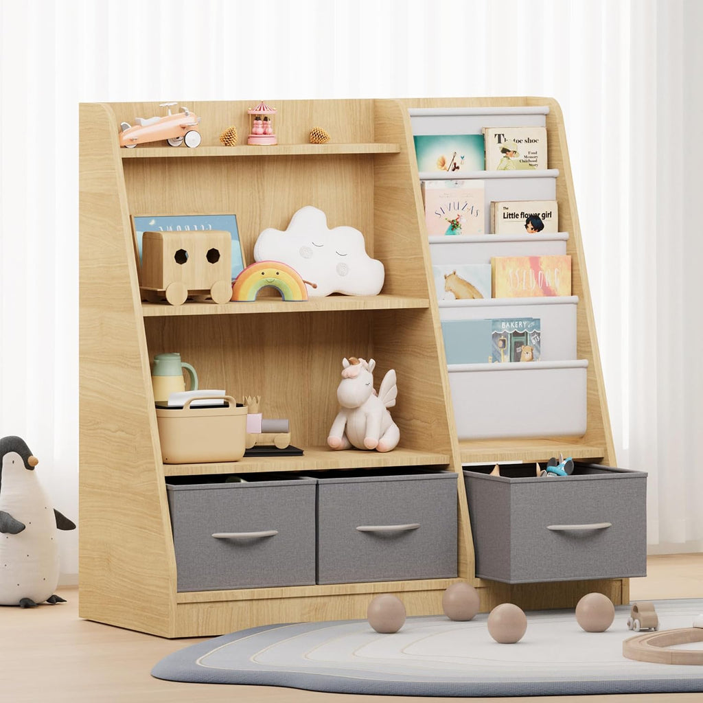 NACHES Kids Bookshelf and Toy Storage, Montessori Sling Bookcase | Wood-based, nursery & kids room storage, fabric toy bins, sling rack, anti-tip design, safety certified