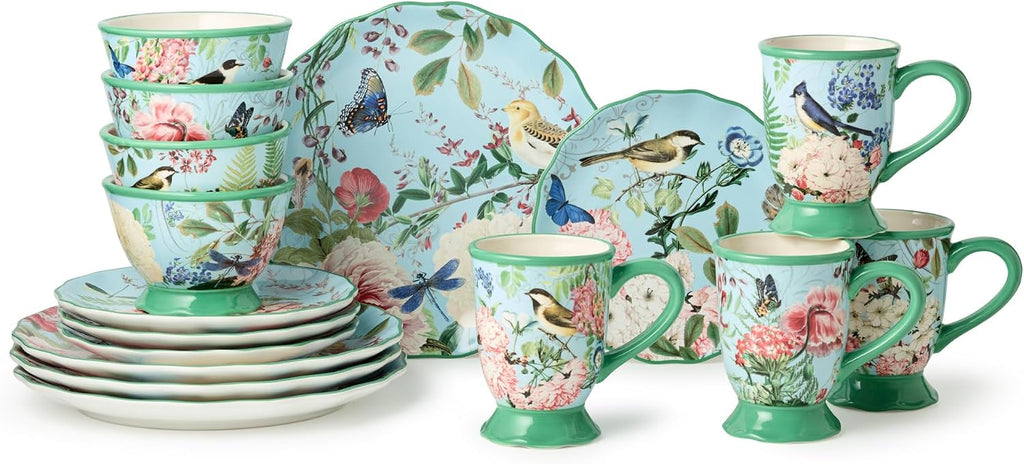 Flora 16-Piece Dinnerware Set, Service for 4 – Includes Dinner Plates, Dessert Plates, Pedestal Mugs, and Pedestal Ice Cream Bowls with Vibrant Nature-Inspired Floral Designs