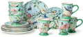 Flora 16-Piece Dinnerware Set, Service for 4 – Includes Dinner Plates, Dessert Plates, Pedestal Mugs, and Pedestal Ice Cream Bowls with Vibrant Nature-Inspired Floral Designs