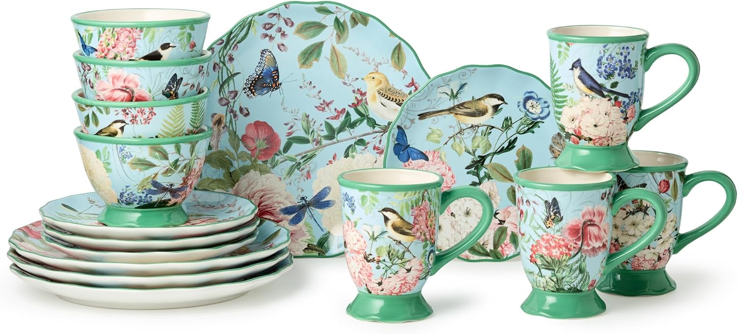 Flora 16-Piece Dinnerware Set, Service for 4 – Includes Dinner Plates, Dessert Plates, Pedestal Mugs, and Pedestal Ice Cream Bowls with Vibrant Nature-Inspired Floral Designs