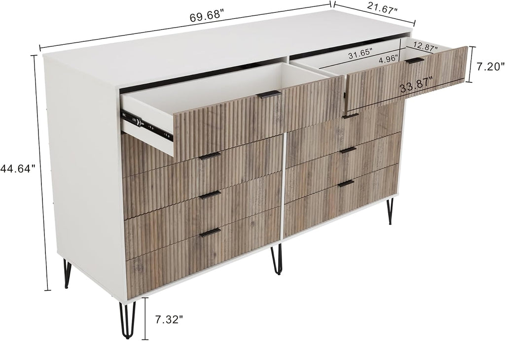 Manhattan Comfort Dumbo 3-Piece Modern Dresser Drawer and Nightstand Set, Tall and Double - Vertical Ribbed Design - No Tool Assembly Storage for Bedroom & Living Room, White/Grey