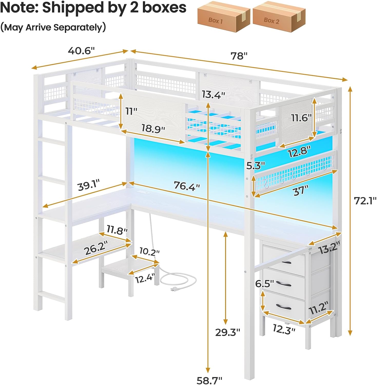 ADORNEVE Loft Bed Twin Size with L-Shaped Desk, LED Lights,Charging Station, Twin Metal Loft Bed Frame with Fabric Drawers & Shelve, 13.4' H Safety Guardrail, No Box Spring Needed, White