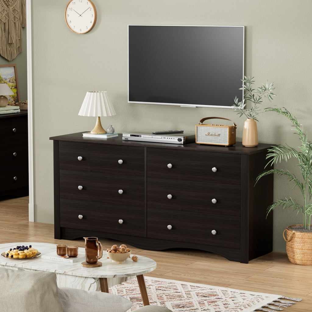 YESHOMY Dresser for Bedroom with 6 Drawers, 58' Wide Modern Chest of Drawers, Wooden Dresser, Storage Organizer for Living Room, Hallway, Deep Brown