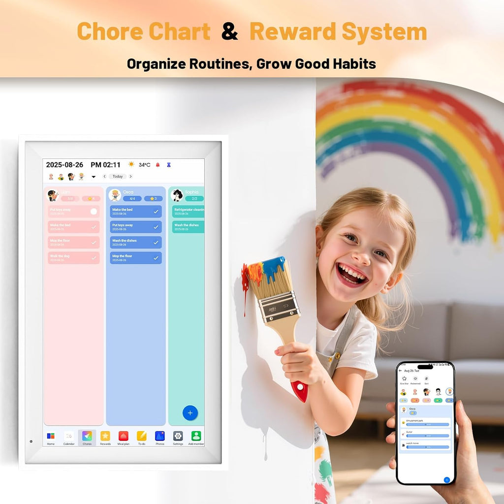 Digital Calendar 15.6' Smart Calendar&Chore Chart, 1920 * 1080 Interactive Touchscreen Electronic Calendar for Family Schedules, 64GB Wifi Meal Planner, Wall&Desk Mountable Calendar-White