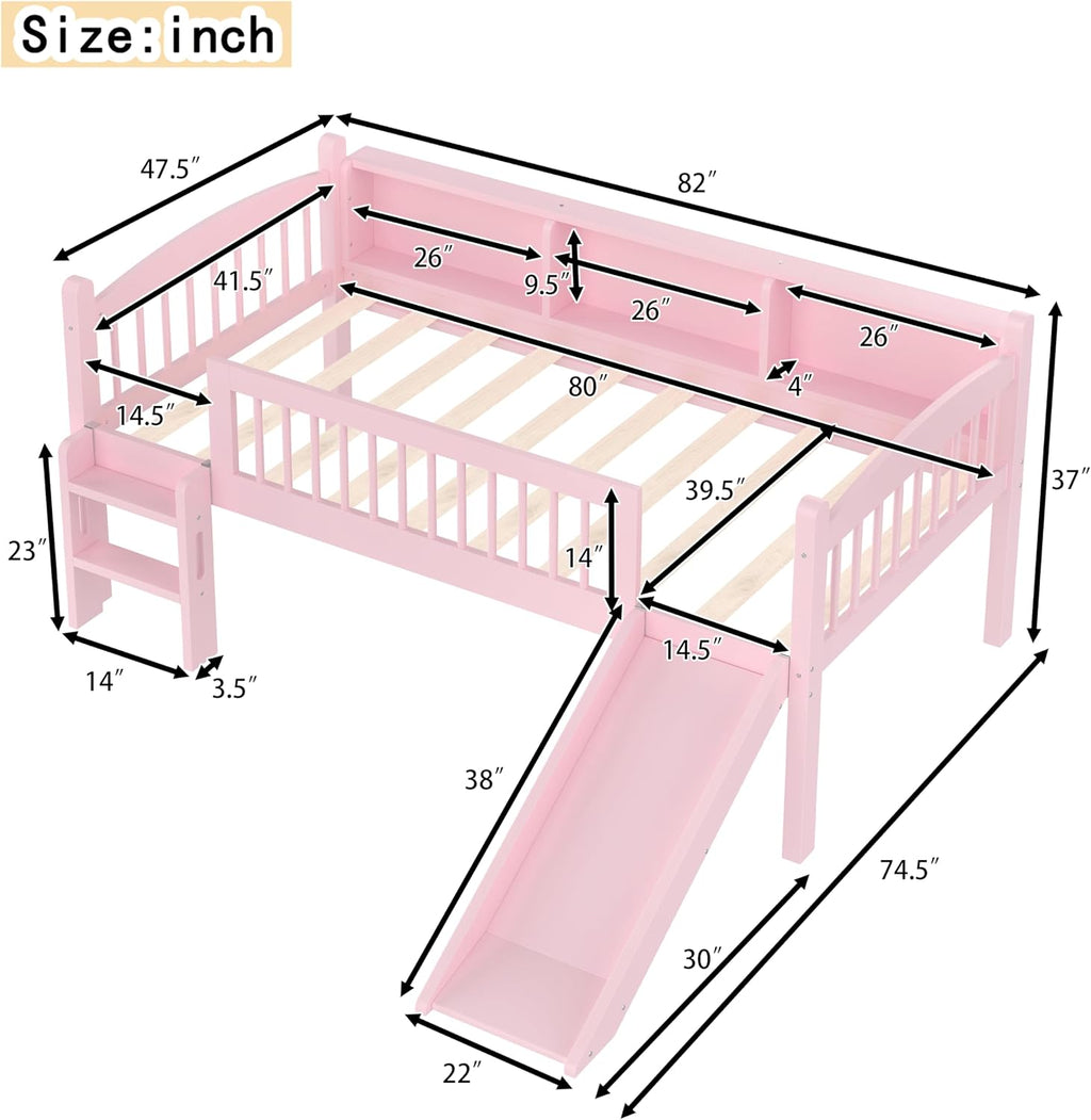 JIVOIT Twin XL Loft Bed with Storage Shelves, Solid Wood Lower Loft Bed with Full-Length Guardrails, Wood Slats Support, Space-Saving Design, No Box Spring Needed (Pink,Twin XL,51)