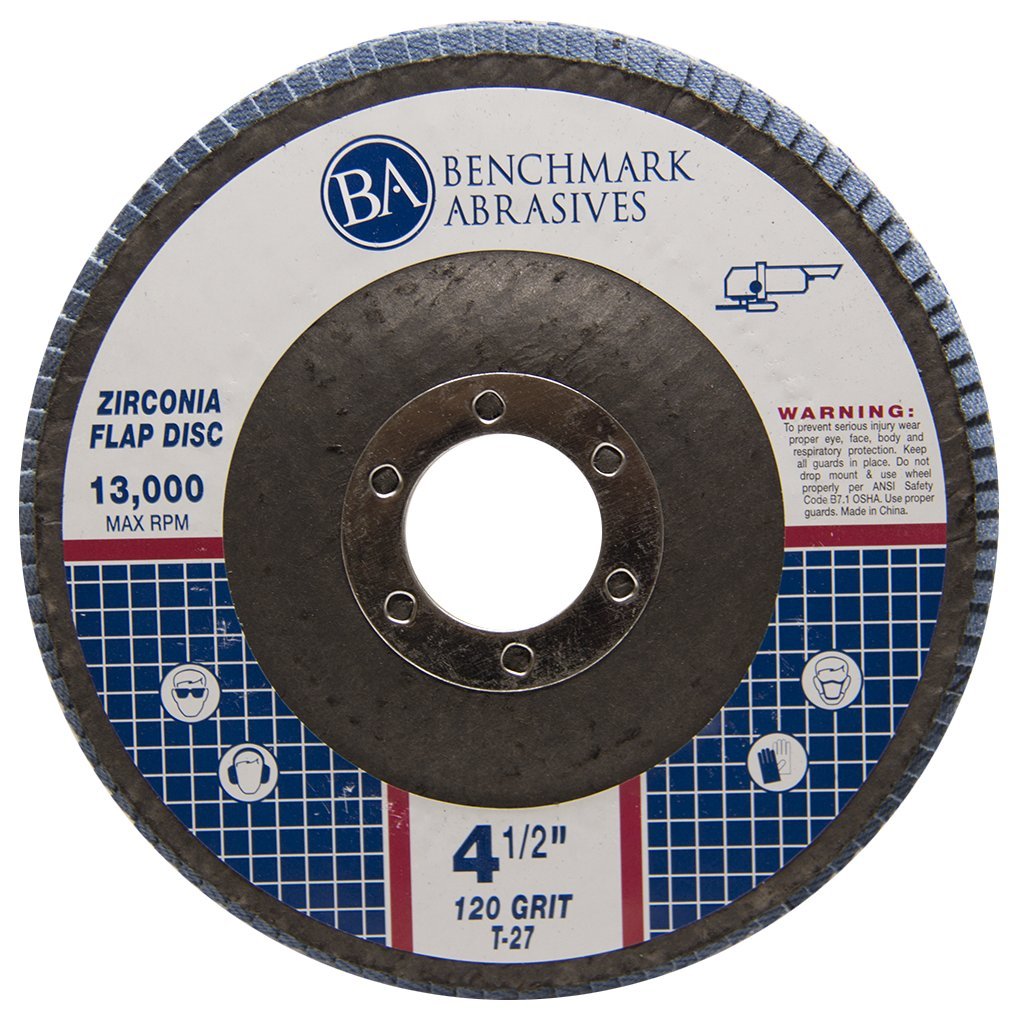 Benchmark Abrasives 4.5' x 7/8' Premium Zirconia T27 Flat Flap Discs 4 1/2 for Angle Grinder Sanding Discs, Finishing Grinding Wheels 4 1/2 Inch for Sanding Stock Rust Removal (100 Pack) - 120 Grit