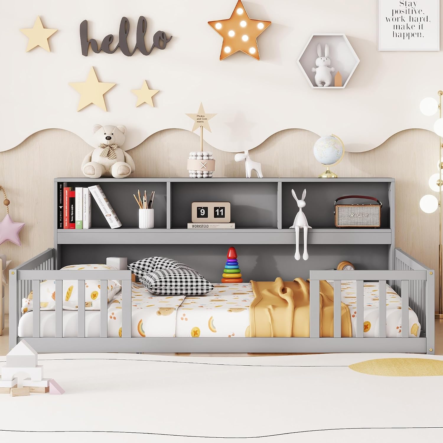Bellemave Kids Montessori Floor Bed,Full Size Floor Bed with Bookcase and Shelves,Full Bed Frame with Guardrails for Kids,Girls,Boys,Full,Gray